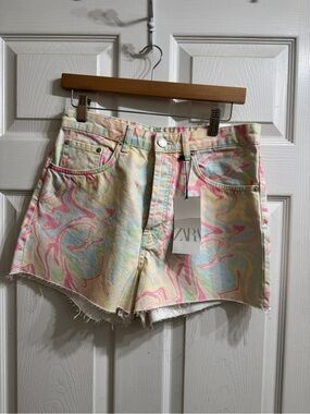 Zara Pastel Marble High-Rise Denim Shorts - Pink, Yellow, Blue